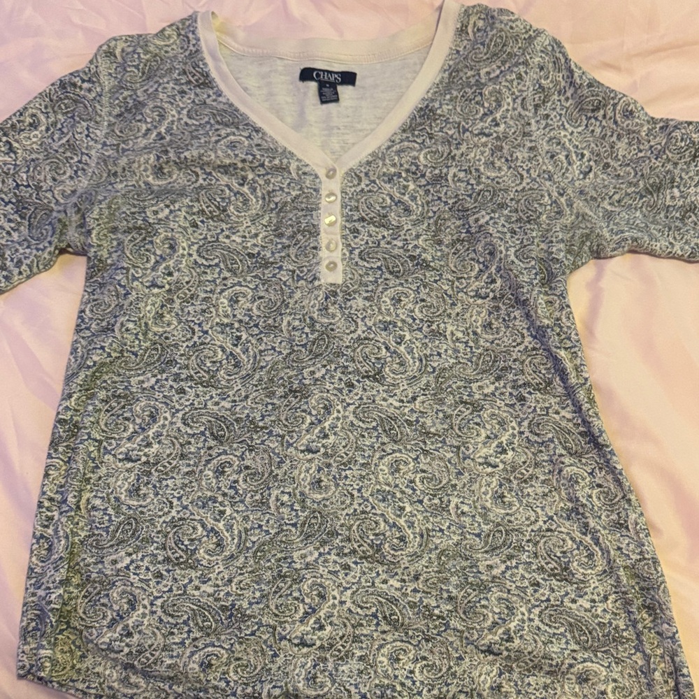 Chaps Women's Blue Paisley Henley Tee with White Trim